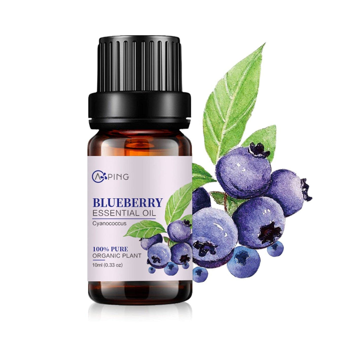 AOPING Blueberry essential oil bottle close-up, premium purity for diffuser use and room fragrance.
