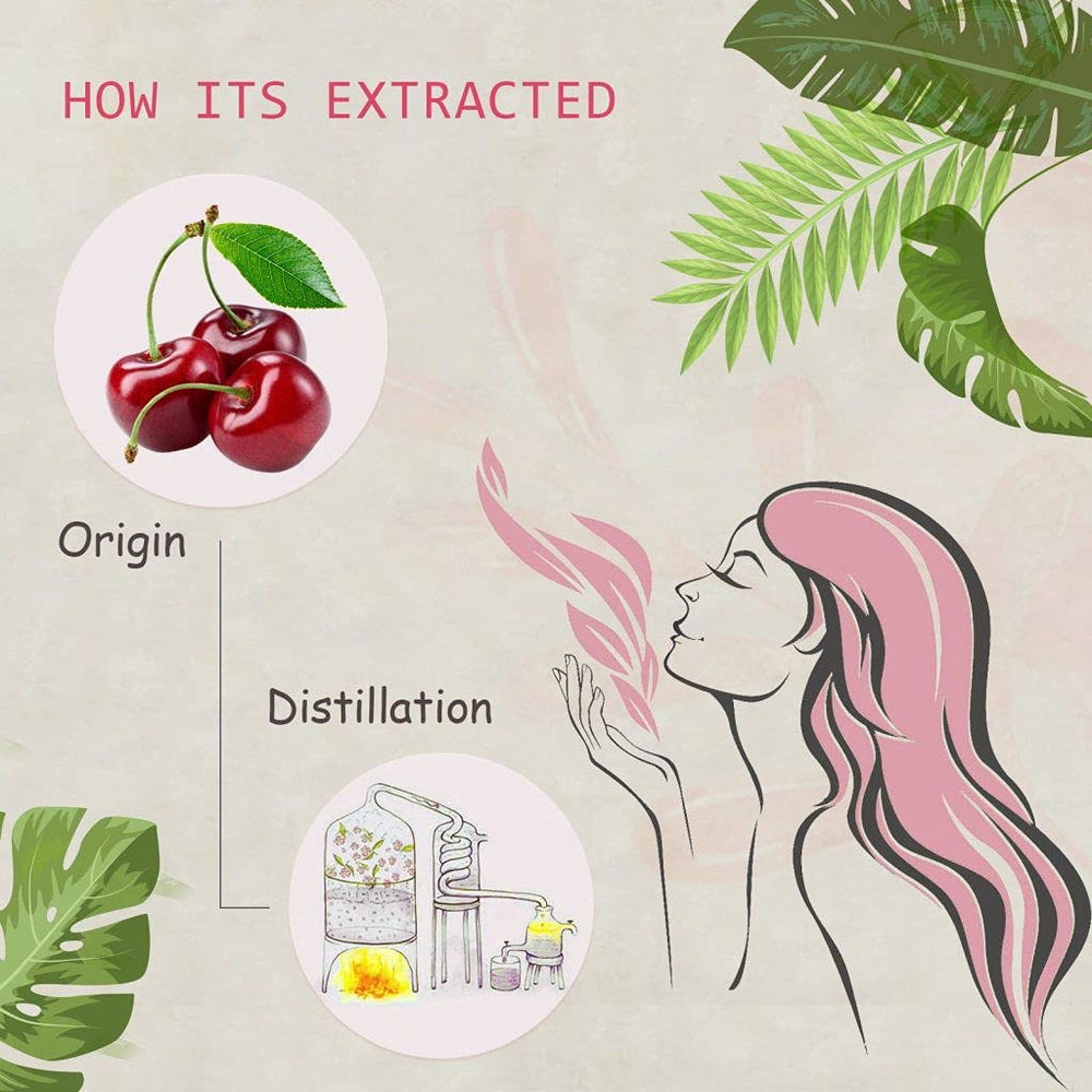 AOPING Cherry Essential Oil close-up highlights purity and fragrance.