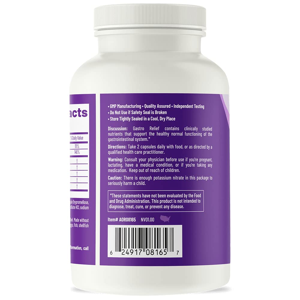 AOR Gastro Relief label close-up showing vegan and non GMO ingredients
