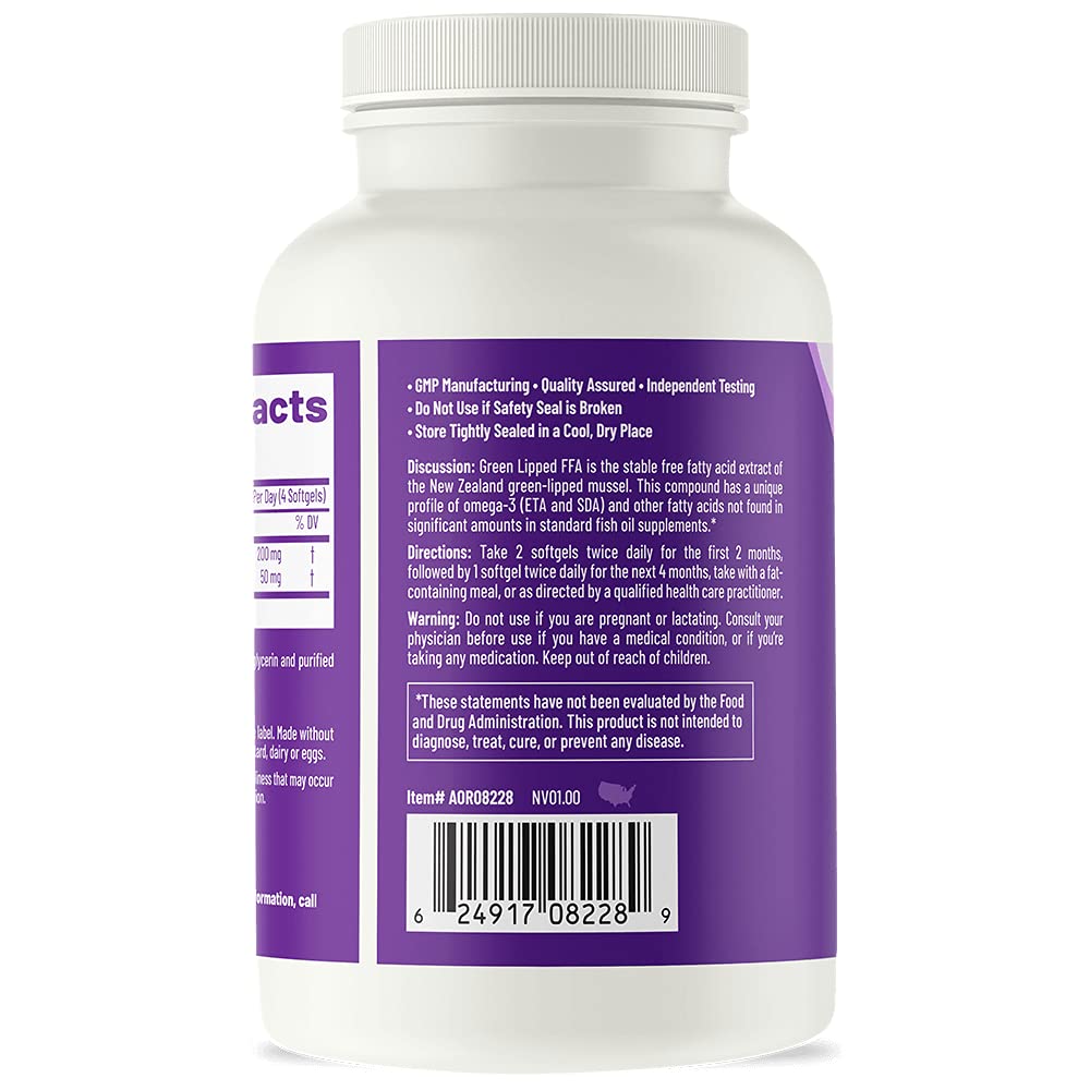 Closeup of AOR Green Lipped FFA softgels for daily joint care.