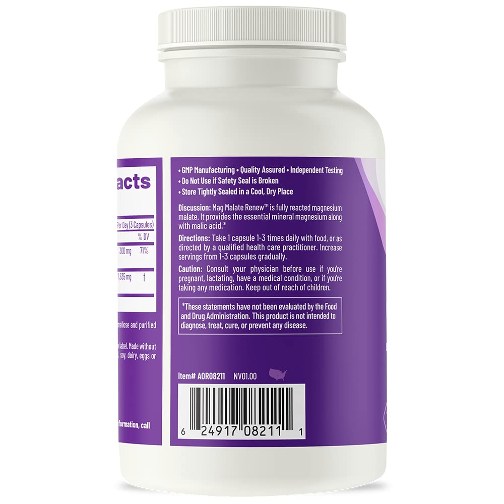 AOR Mag Malate Renew bottle with glass showing daily supplement ritual