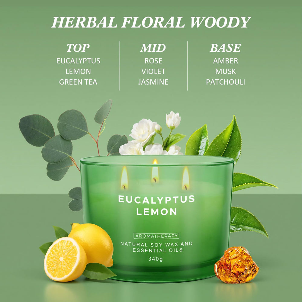 Aottom twelve-ounce soy wax candle highlights clean burn and natural ingredients