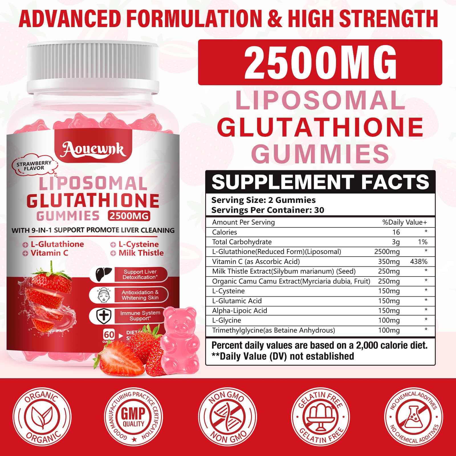Aouewnk Glutathione Gummies closeup highlighting chewy texture and liposomal formula