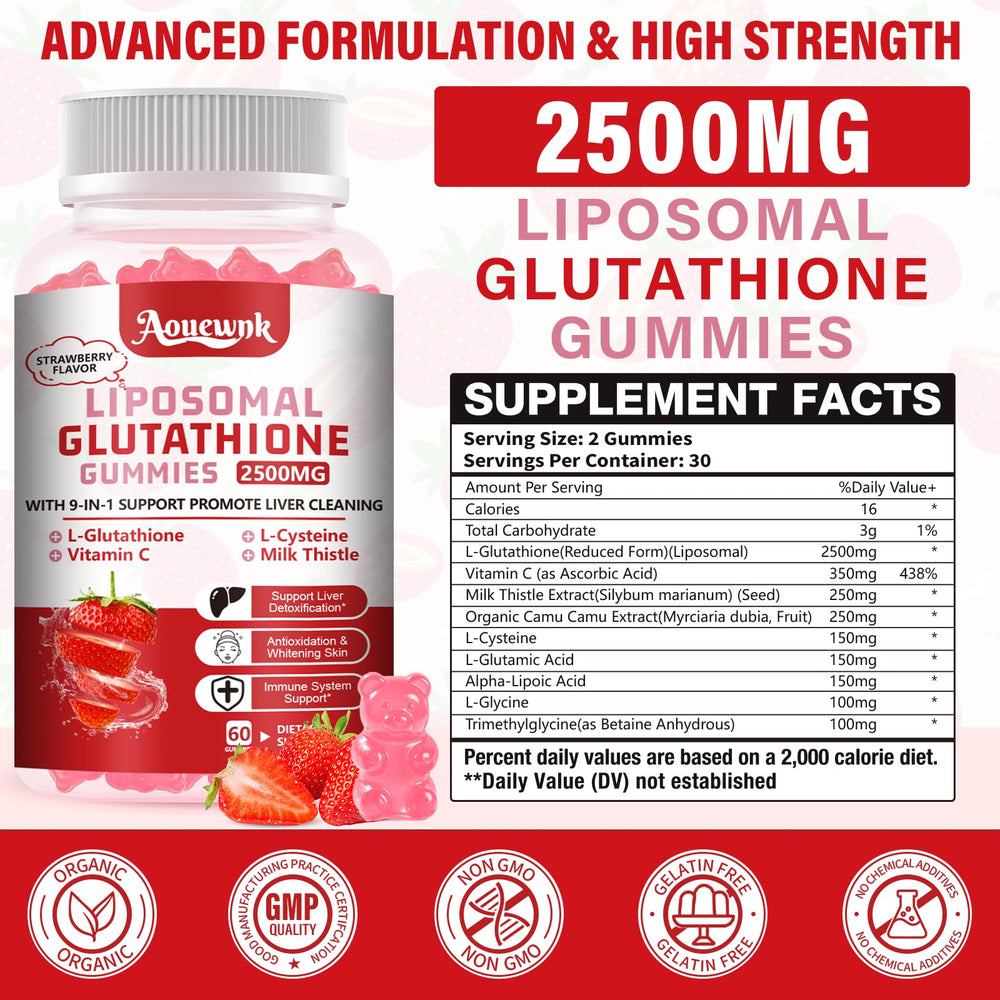 Aouewnk Glutathione Gummies closeup highlighting chewy texture and liposomal formula
