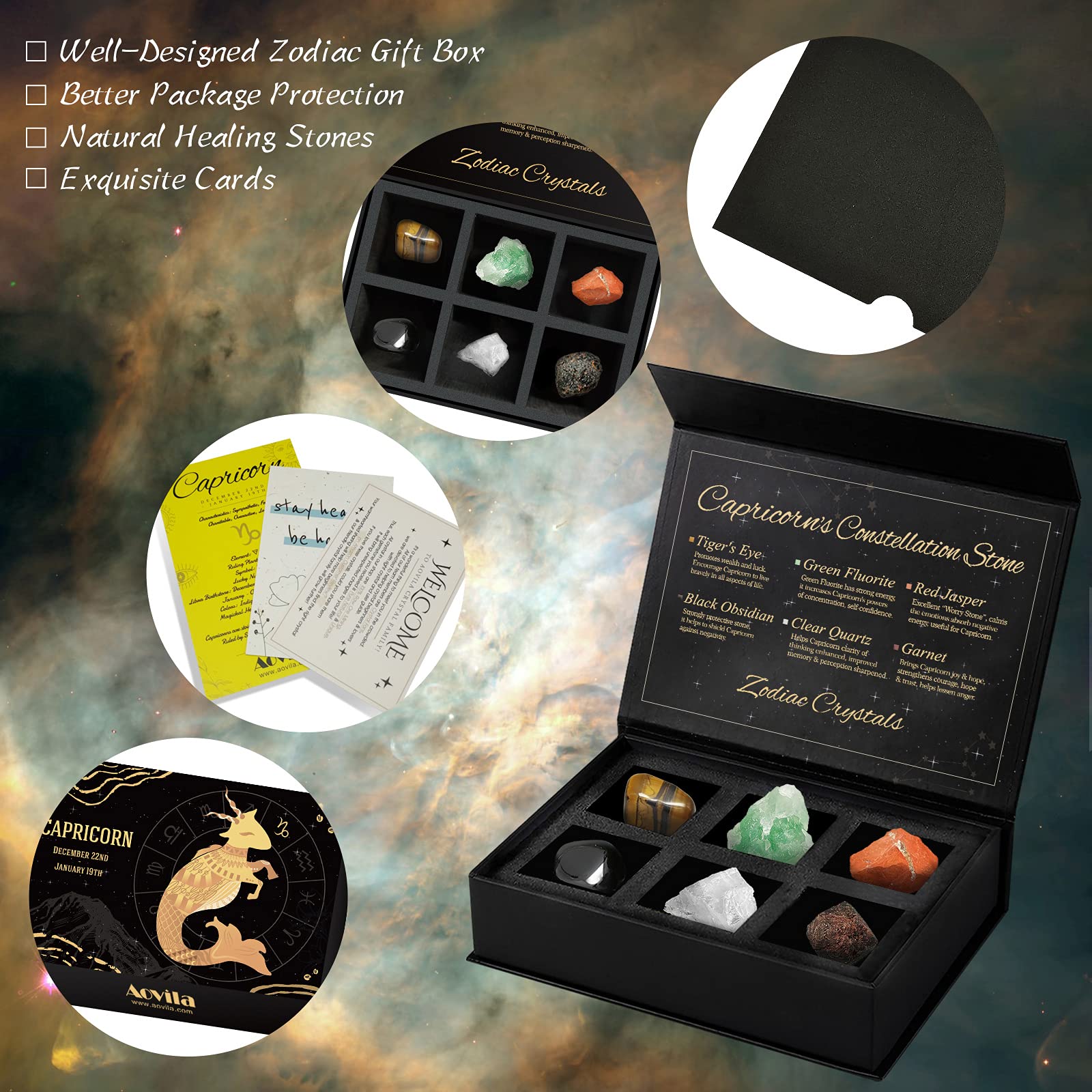 Aovila Capricorn Zodiac Gift Box interior card explains each crystal’s use and symbolism.