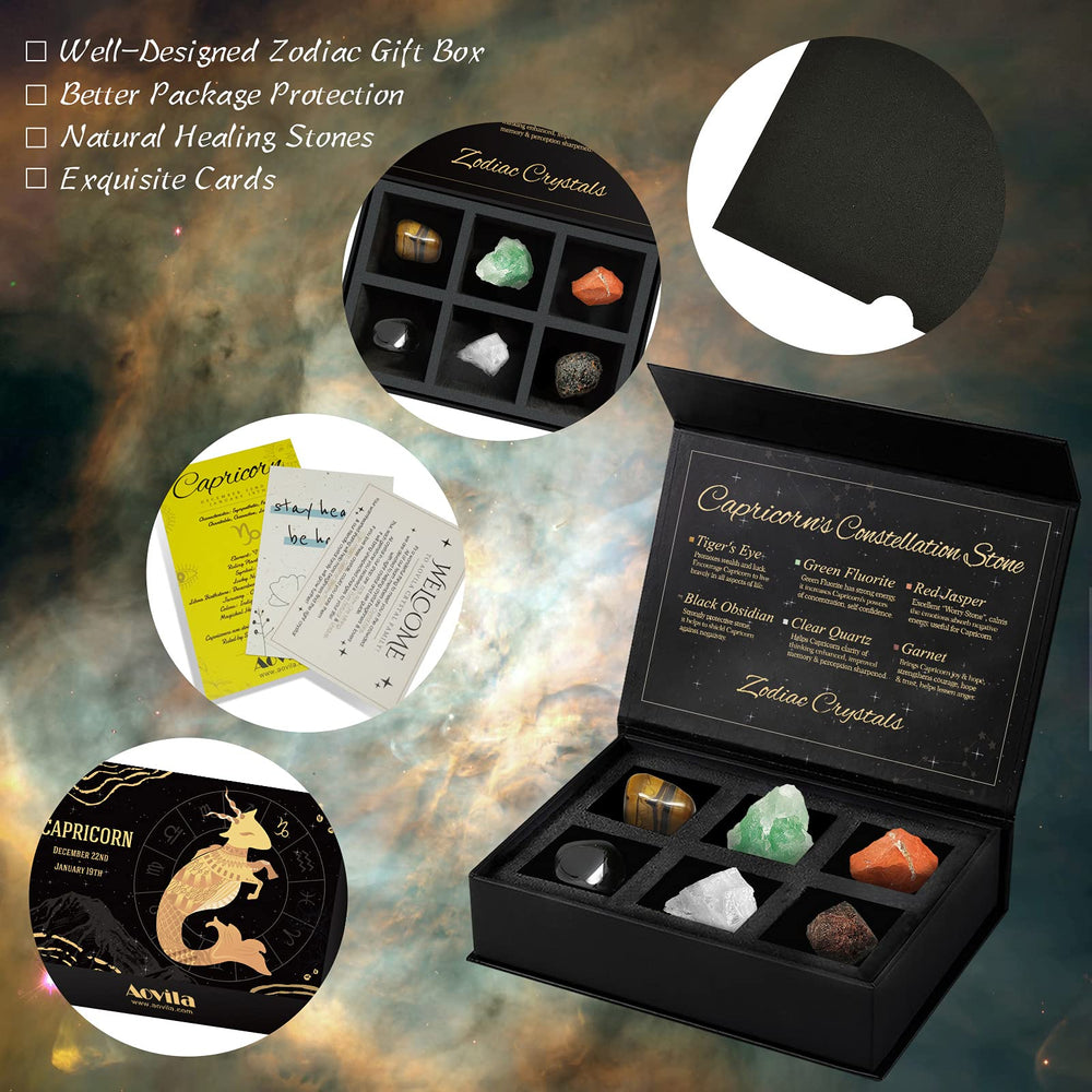 Aovila Capricorn Zodiac Gift Box interior card explains each crystal’s use and symbolism.