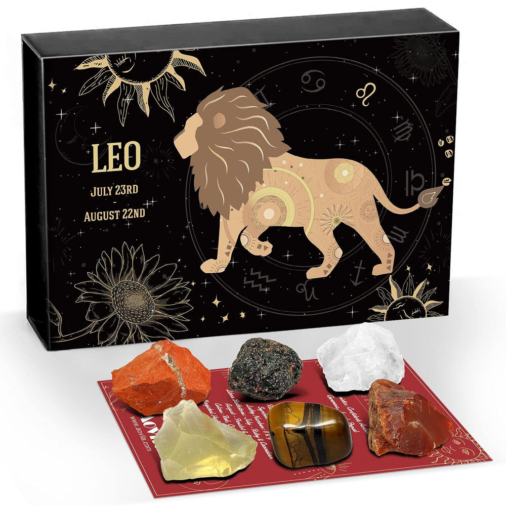 Aovila Leo Zodiac Card inside explains crystal meanings for Leo enthusiasts.