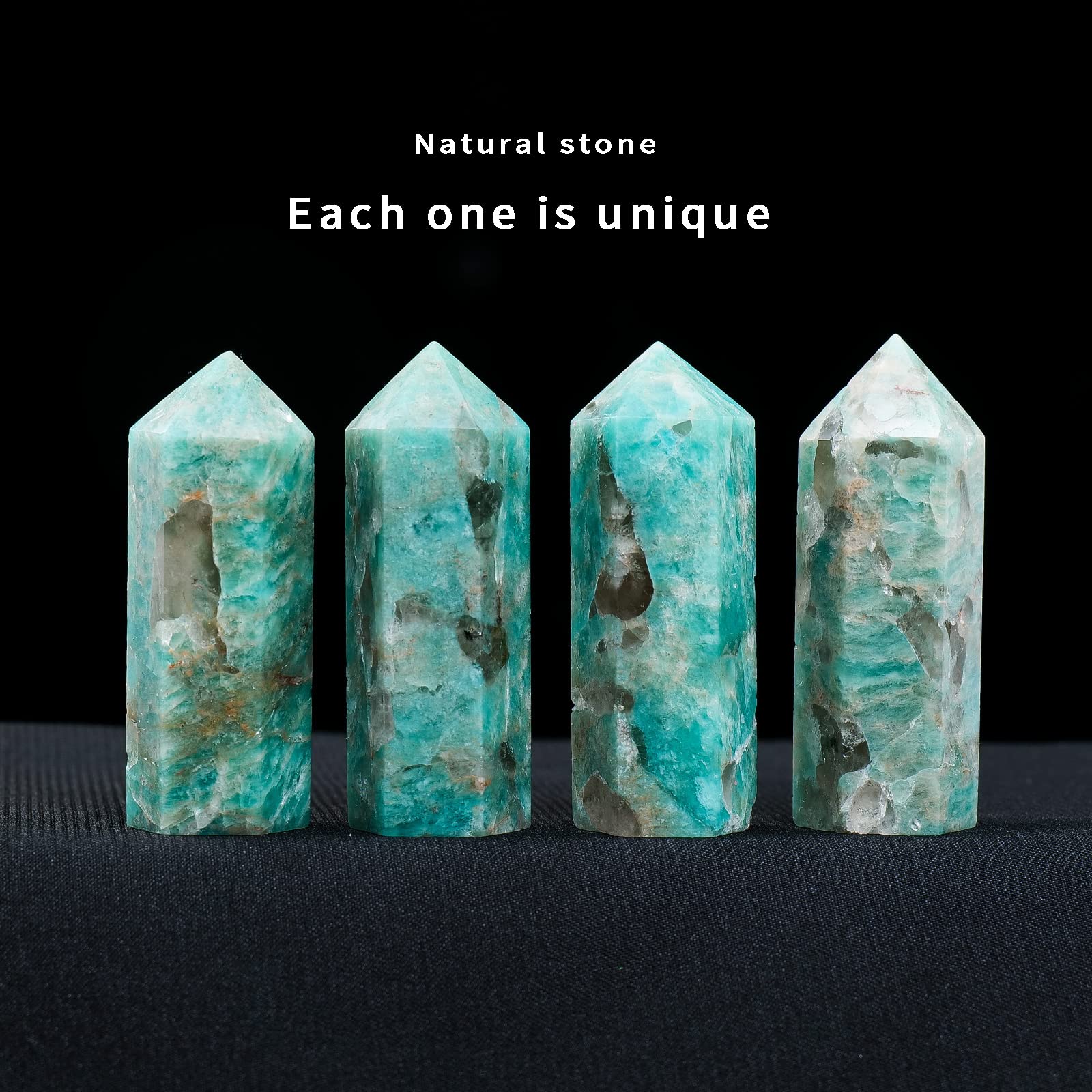 Apengshi Amazonite tower closeup facets shows vibrant color and shine for display.