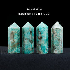Apengshi Amazonite tower closeup facets shows vibrant color and shine for display.