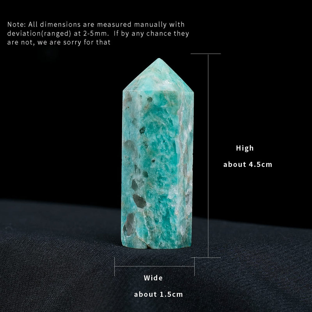 Apengshi Amazonite tower side view reveals unique inclusions for collectible crystals.