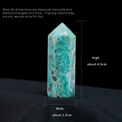 Apengshi Amazonite tower side view reveals unique inclusions for collectible crystals.