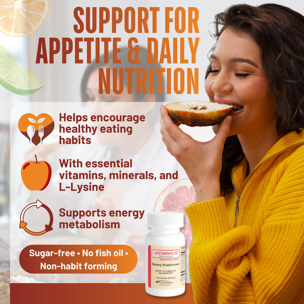 Close-up of Apetigen-Plus tablets highlighting a sugar-free formula.