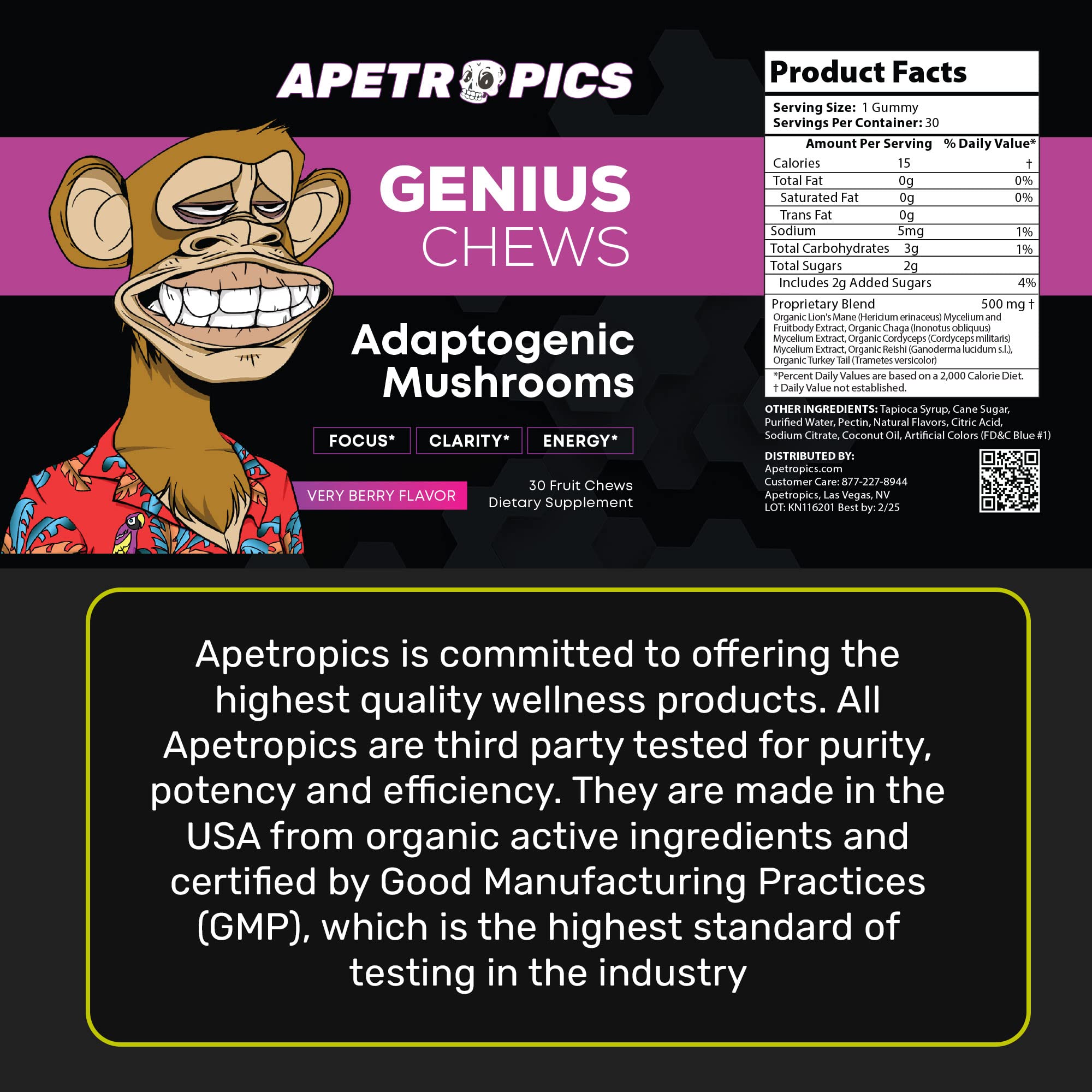 Apetropics Genius Chews bottle display with berry flavor for daily use