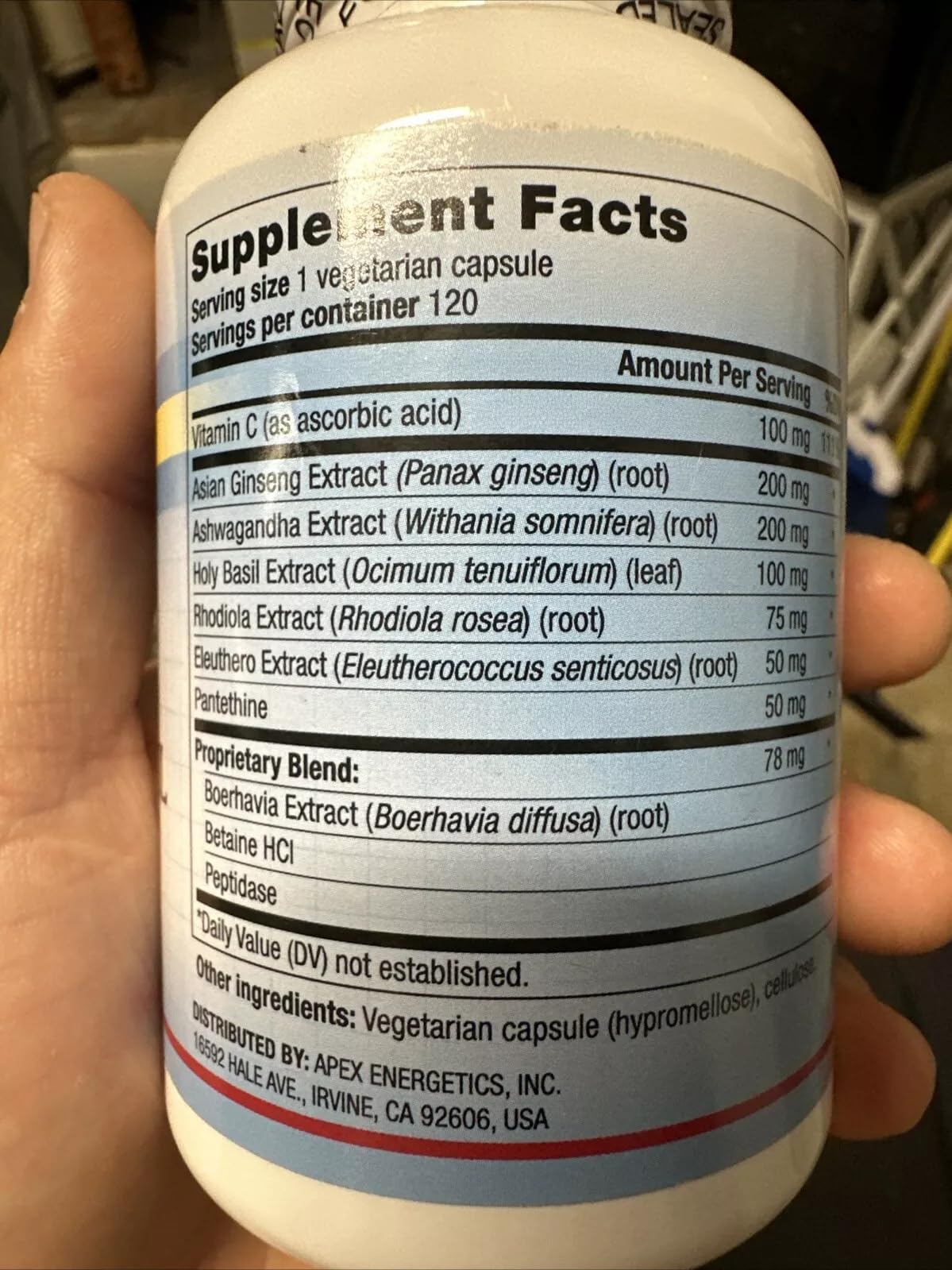 Apex Energetics Adapto-Crine XL bottle on counter suggests daily supplement routine.