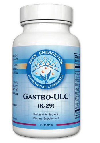 Apex Energetics Gastro-ULC bottle showing licorice and L-glutamine formula for GI support.