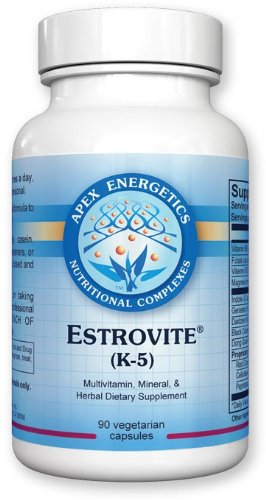 Apex Energetics K-5 Estrovite bottle for daily estrogen metabolism support.