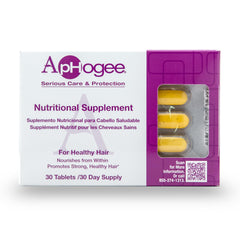 Aphogee Nutritional Supplement tablets in bottle support daily hair nourishment and growth potential.