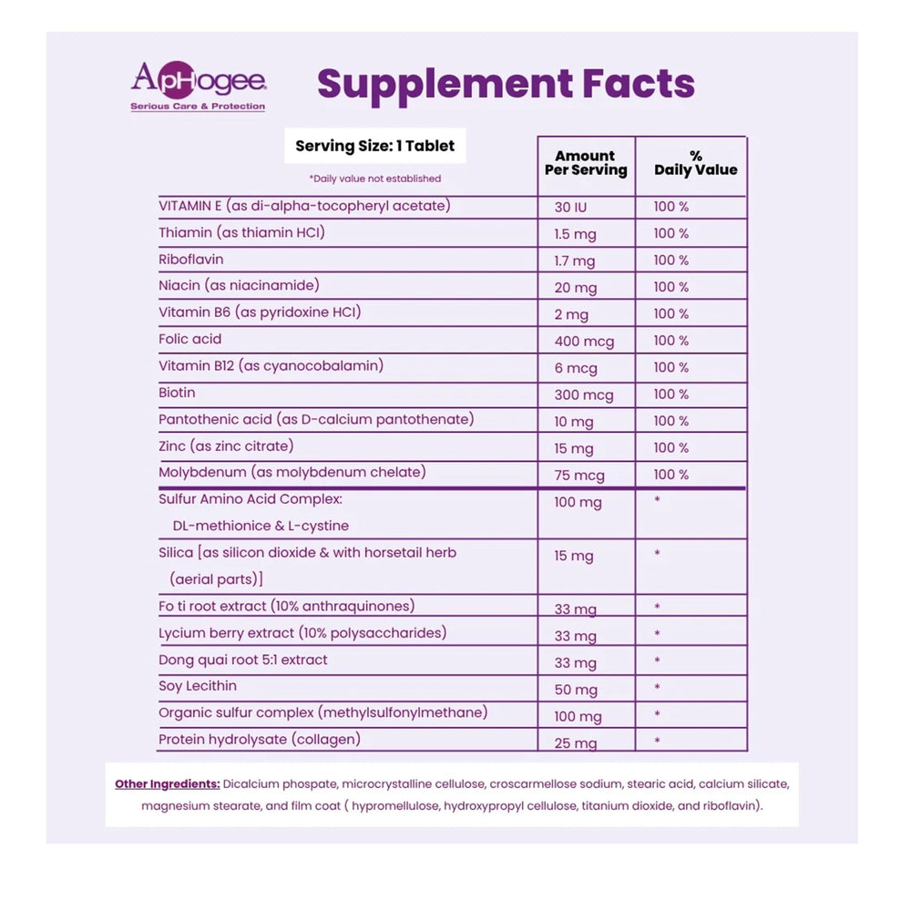 Aphogee bottle showing nutrients like biotin and collagen for strong hair.