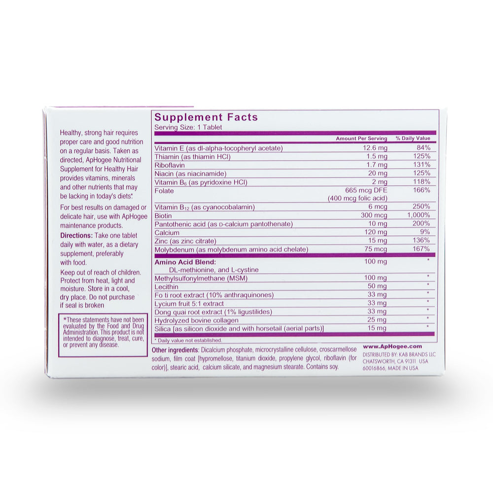 Close-up of Aphogee supplement tablets for consistent daily hair health.