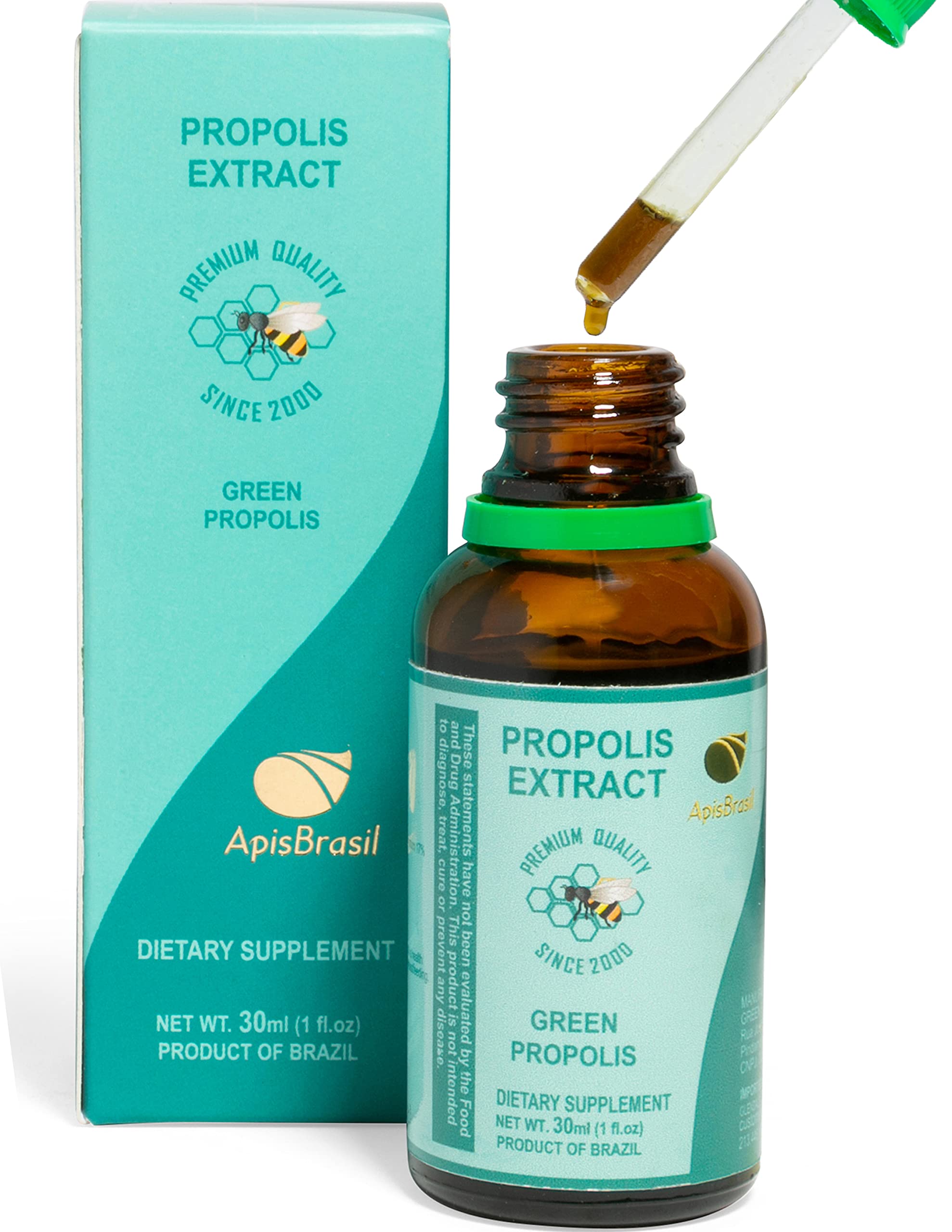 ApisBrasil Green Propolis bottle 30ml on a wooden surface for daily use.