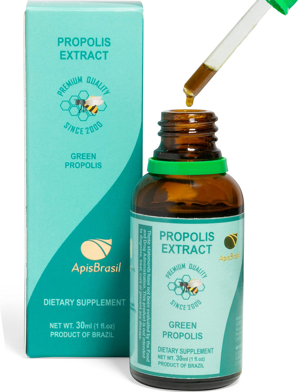 ApisBrasil Green Propolis bottle 30ml on a wooden surface for daily use.