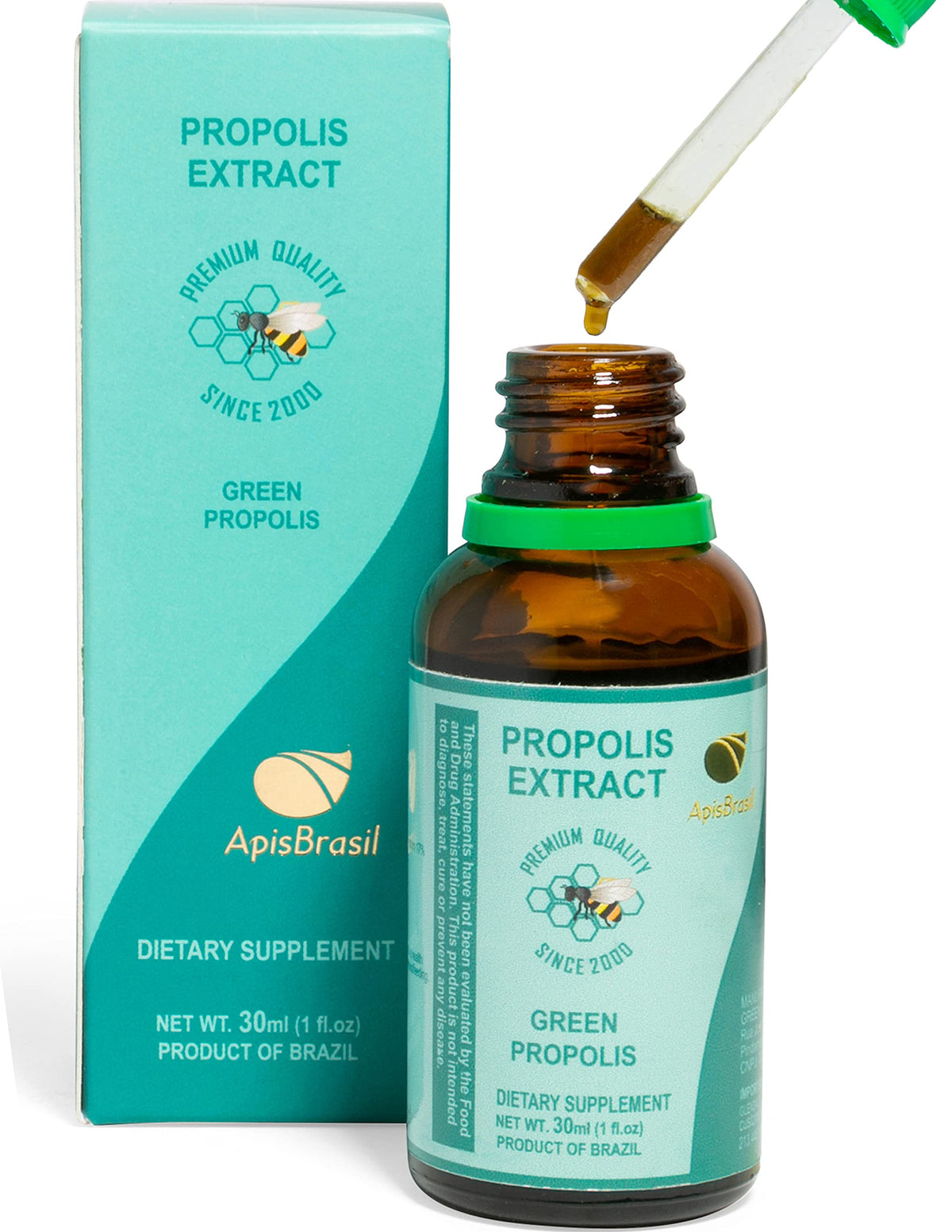 ApisBrasil Green Propolis bottle 30ml on a wooden surface for daily use.