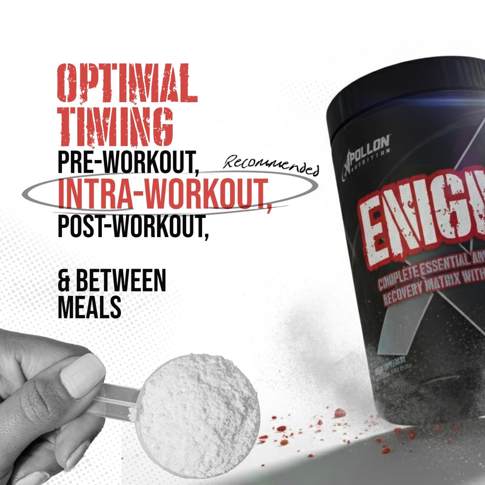 Apollon Nutrition Enigma container with 20-serving packaging and clear nutrition facts.