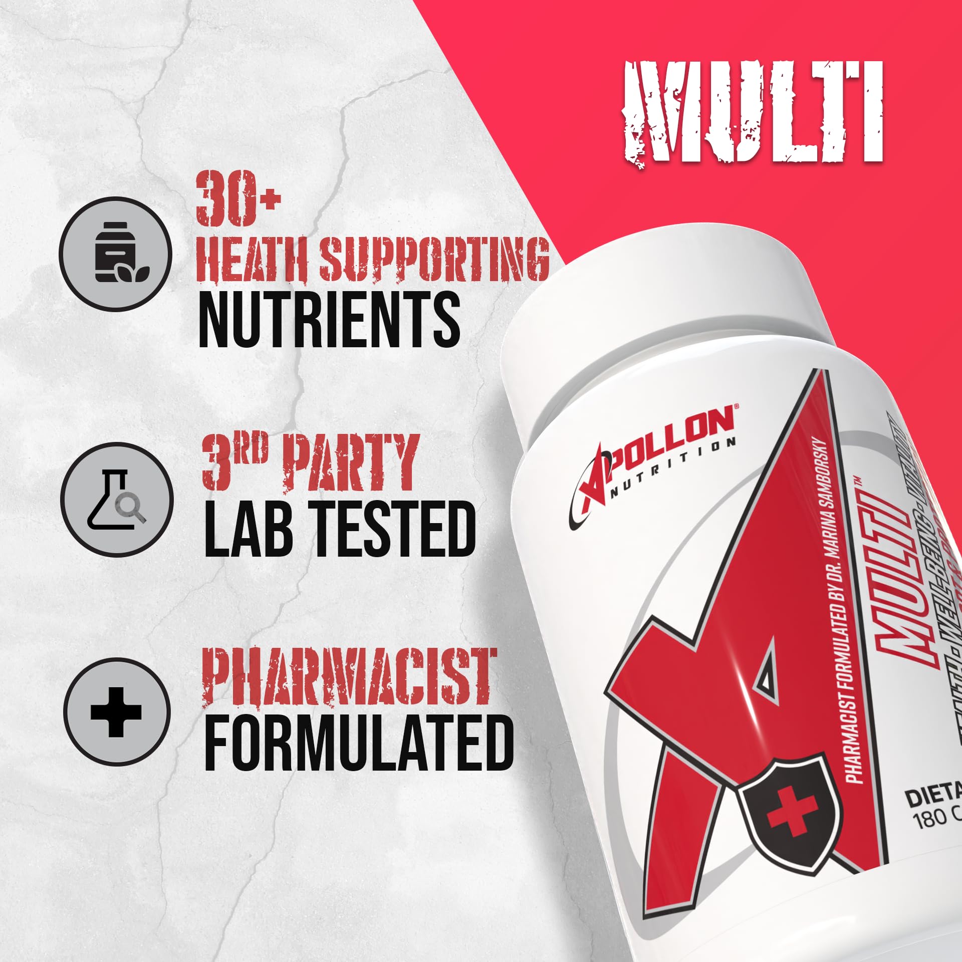 Full Apollon Nutrition multivitamin bottle with capsules on a table.