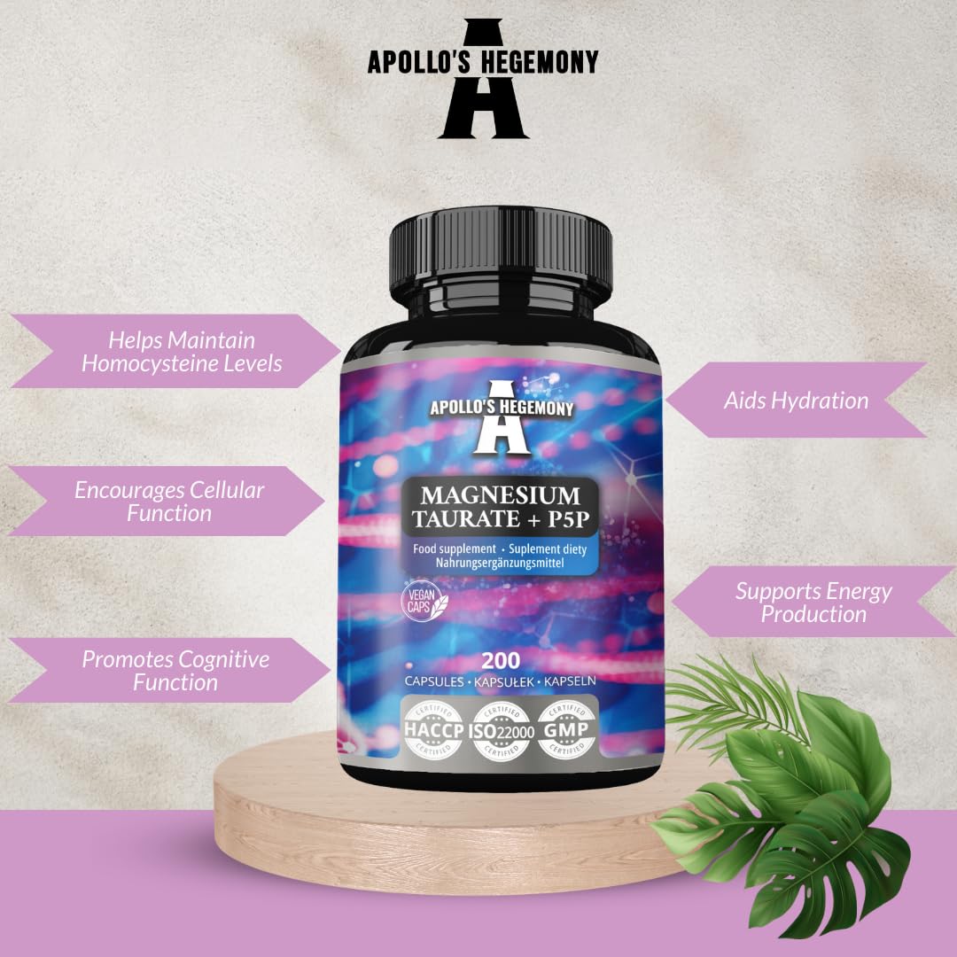 APOLLO'S HEGEMONY Magnesium Taurate and P-5-P label closeup highlighting ingredients and vegan capsules.