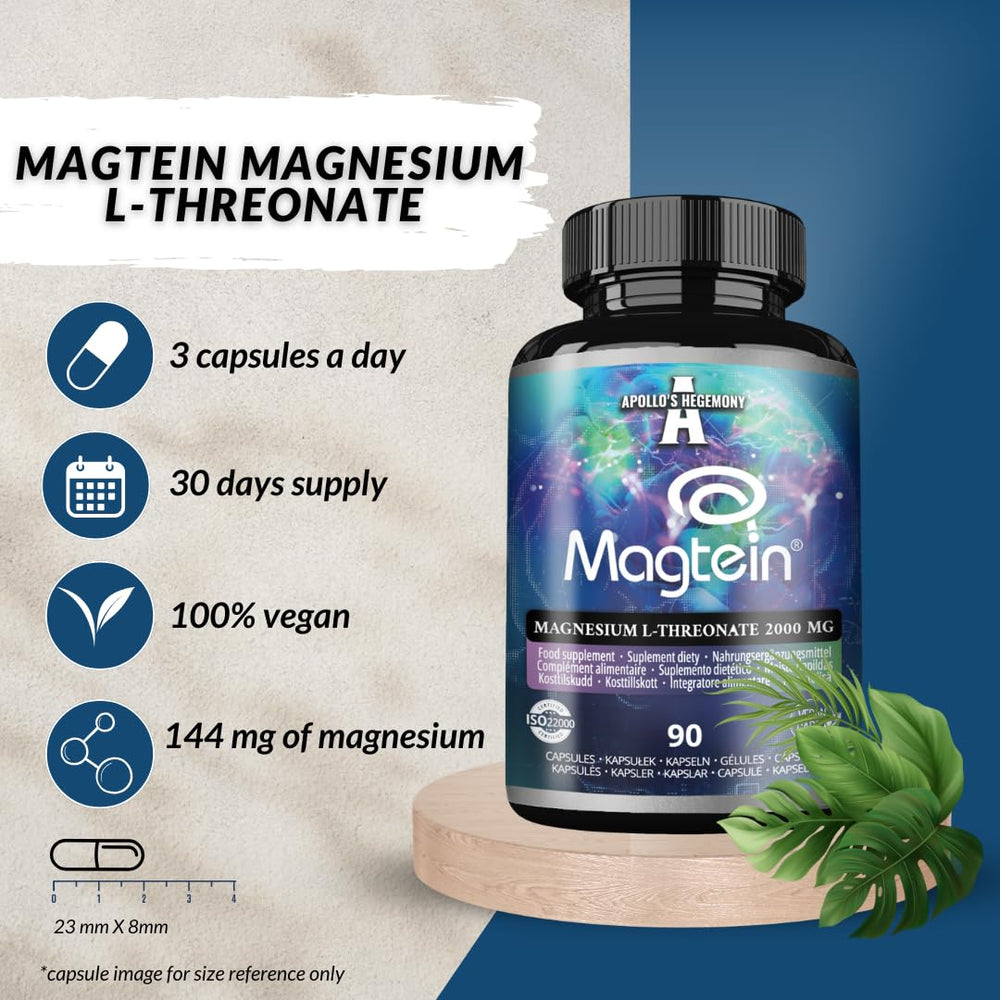 Magtein by Apollo's Hegemony bottle label displays product details.
