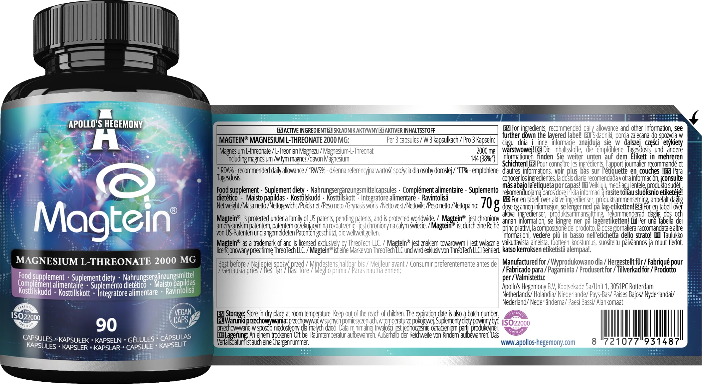 Magtein capsules closeup reveals vegan capsules for daily cognitive routines.