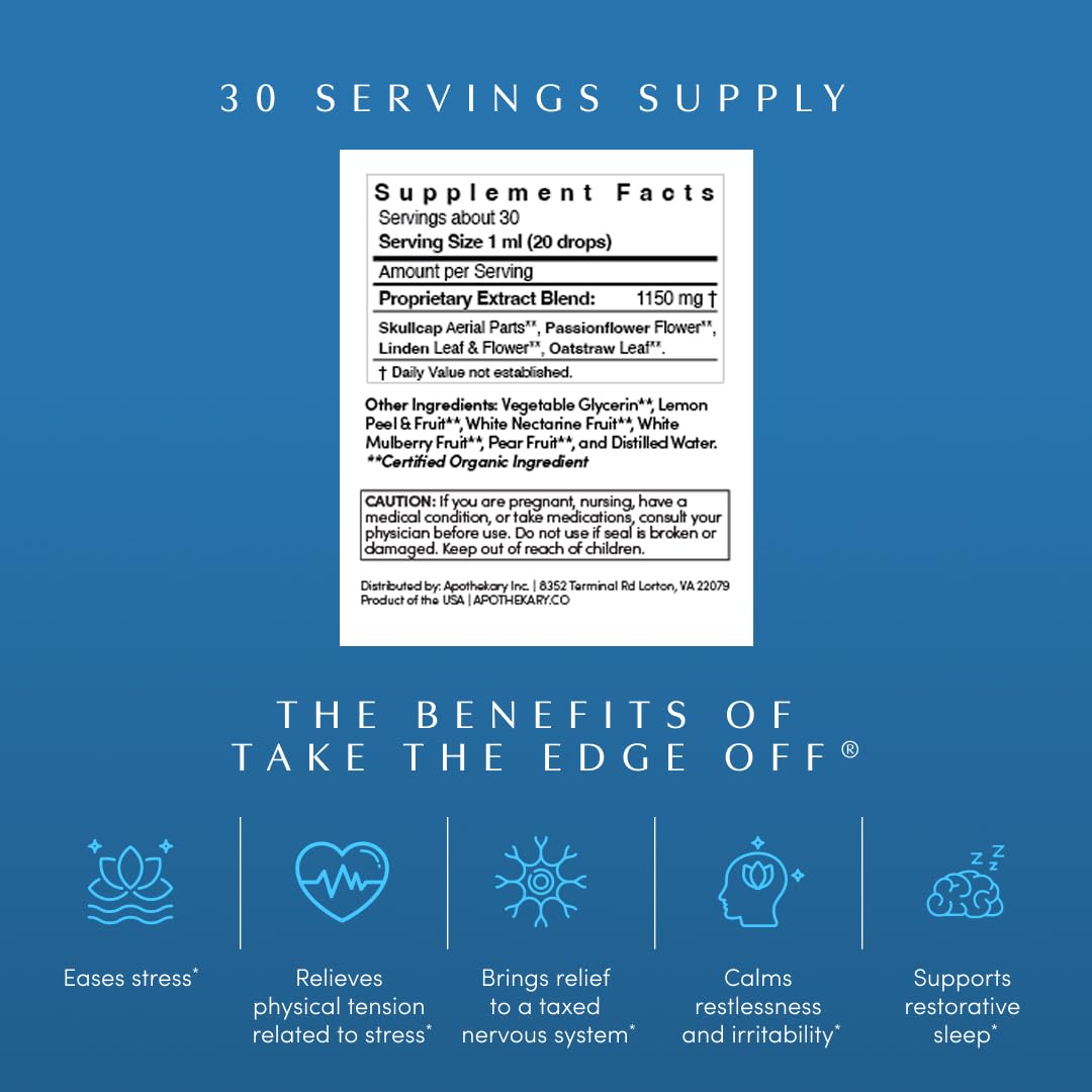 Apothekary Take The Edge Off dropper dispensing drops for on-the-go stress support.