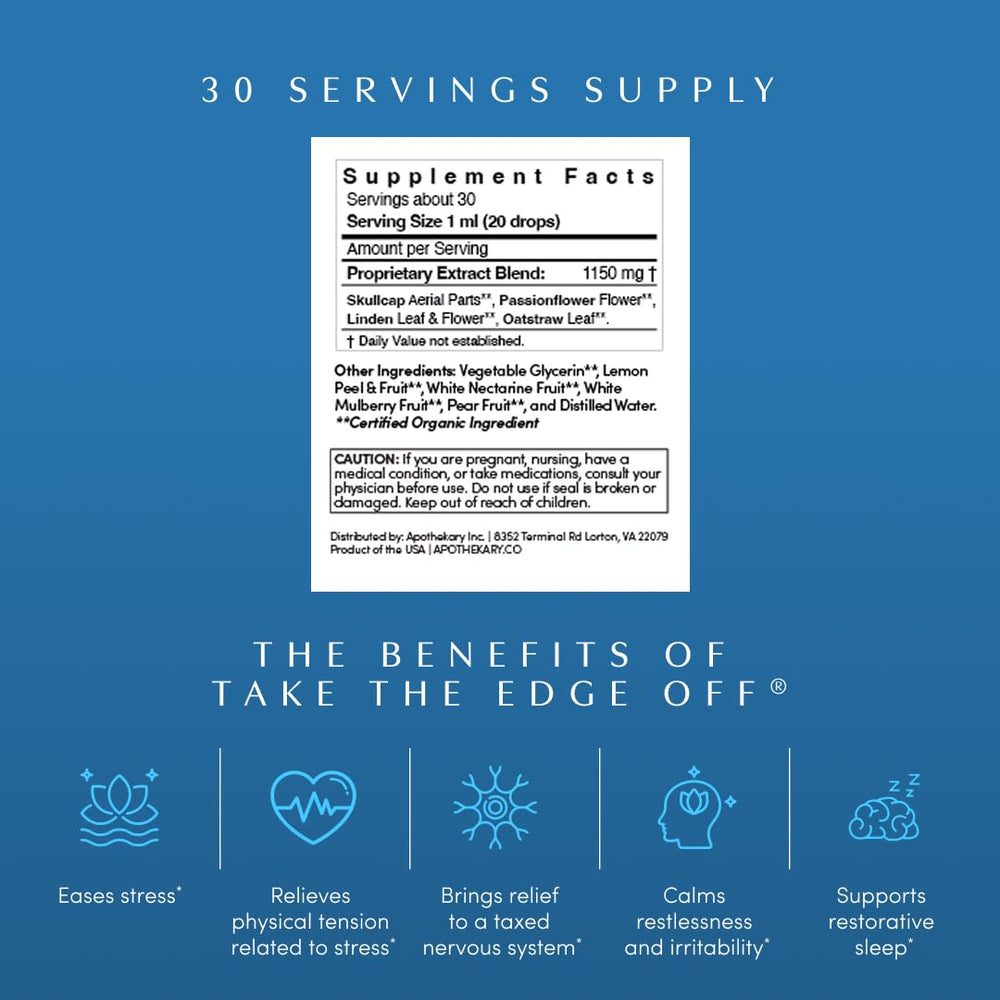 Apothekary Take The Edge Off dropper dispensing drops for on-the-go stress support.