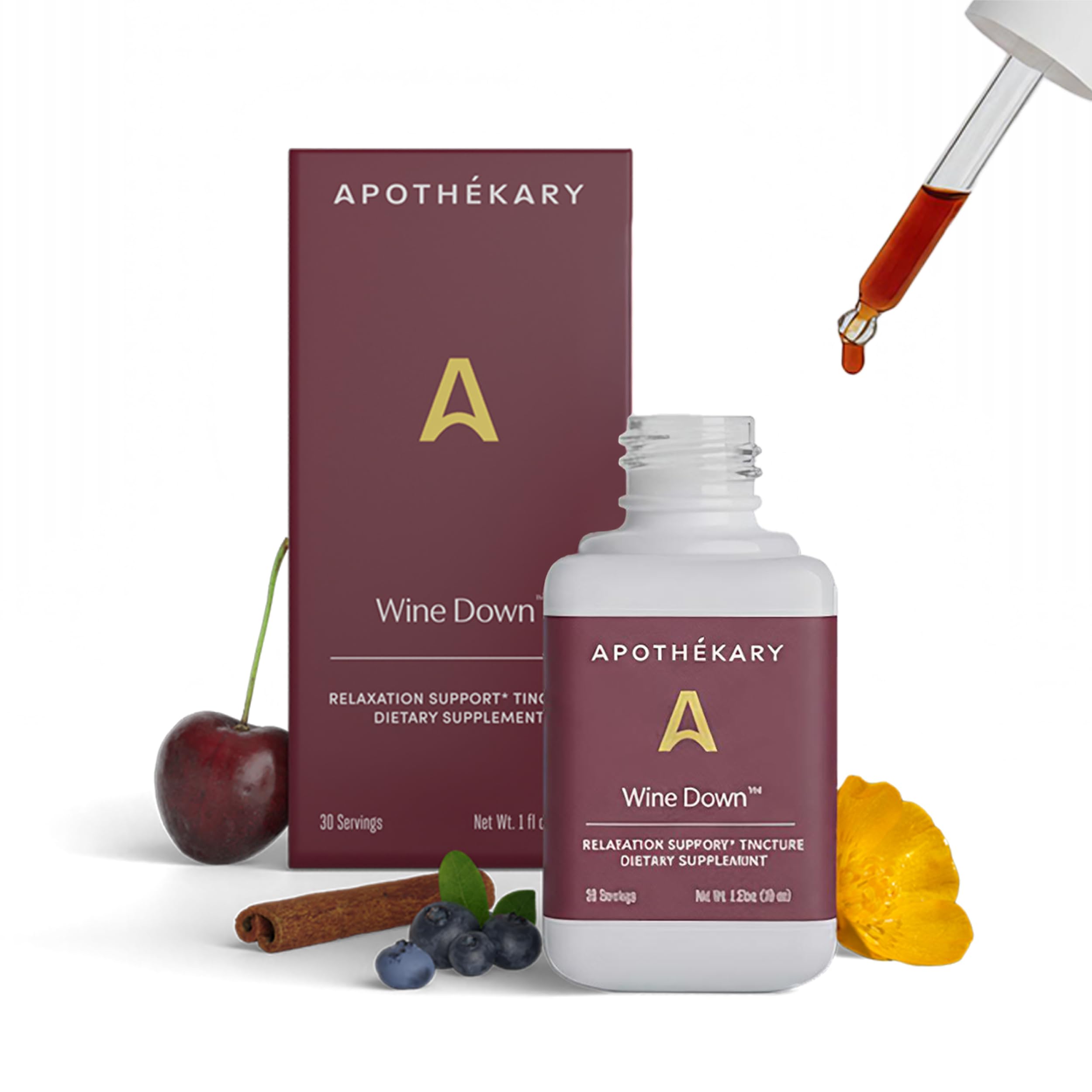 Apothékary Wine Down bottle pour shows an alcohol-free relaxing herbal blend