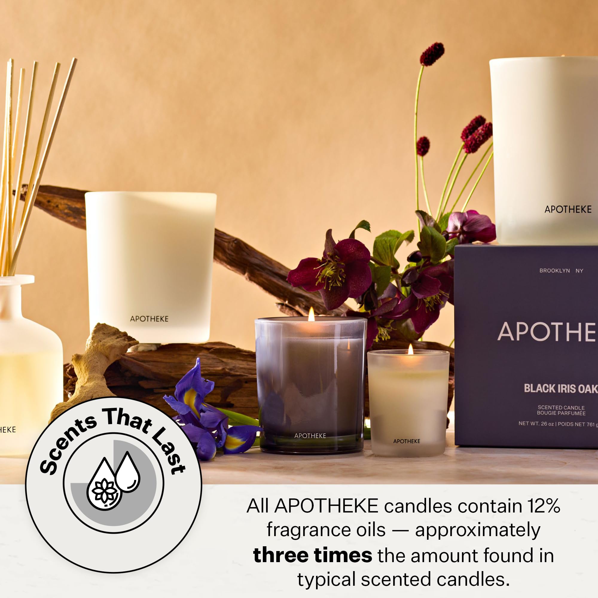 APOTHEKE candle flame glow adds warm ambiance for evenings.