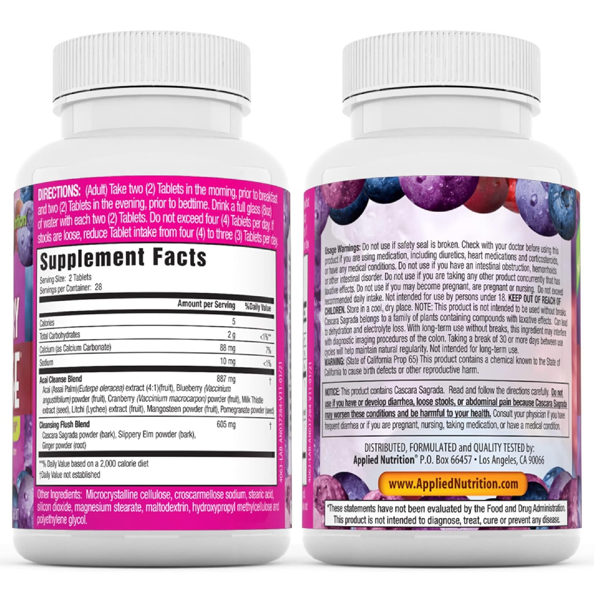 Applied Nutrition Acai Cleanse lifestyle shot with water and tablets nearby.