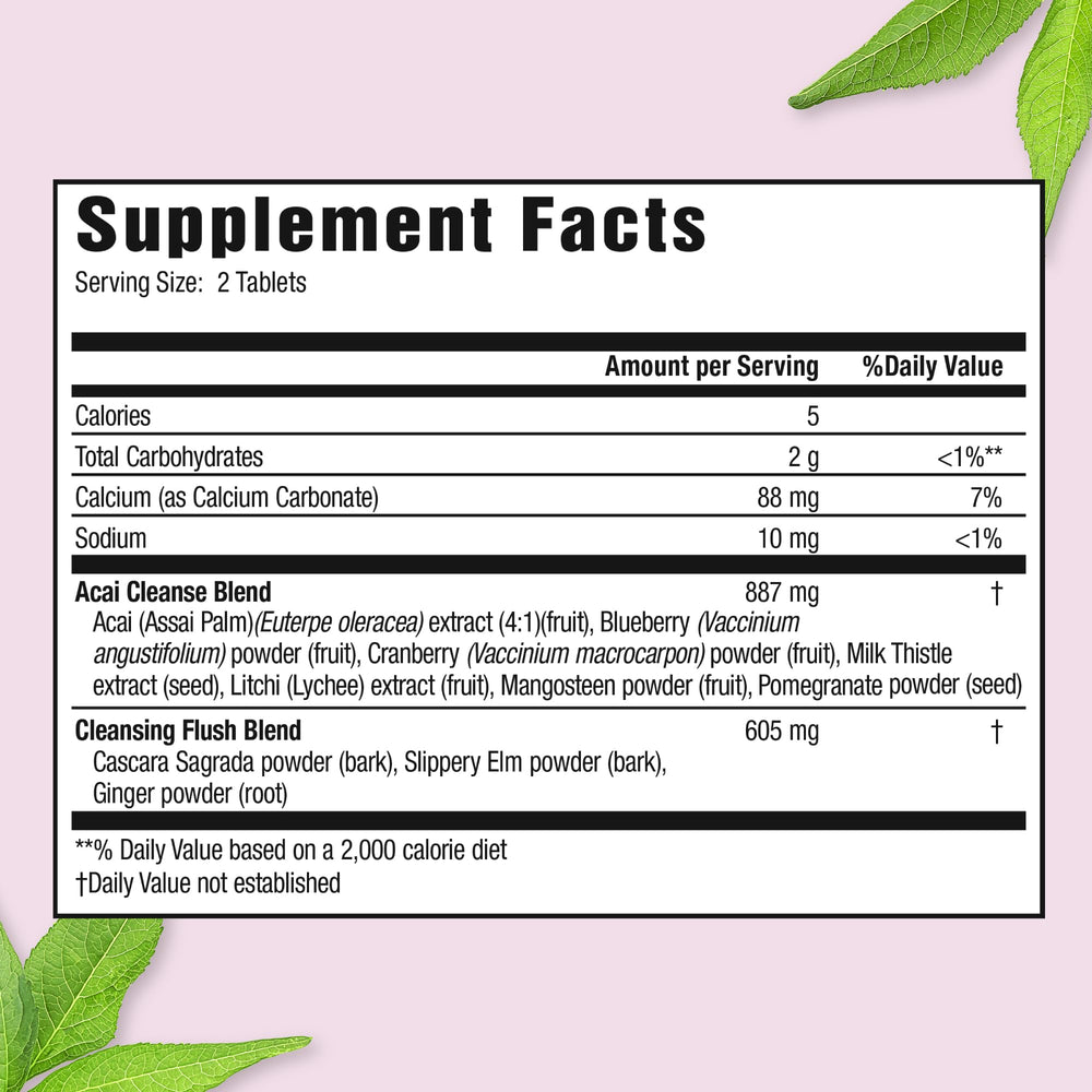 Applied Nutrition Acai Cleanse tablets close-up highlighting natural ingredients and fullness relief.