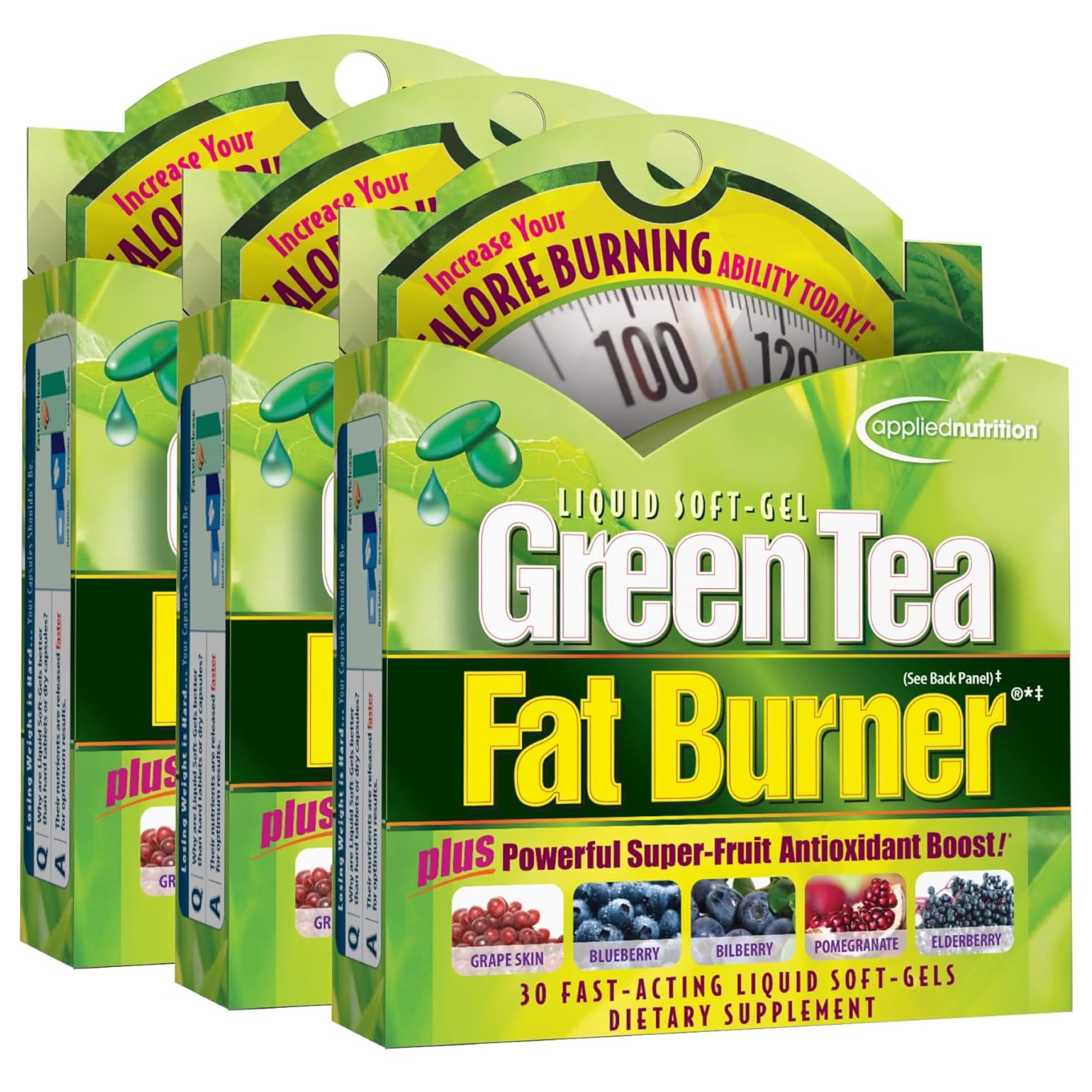 Applied Nutrition Green Tea Fat Burner bottle close-up showing energy-boosting formula.