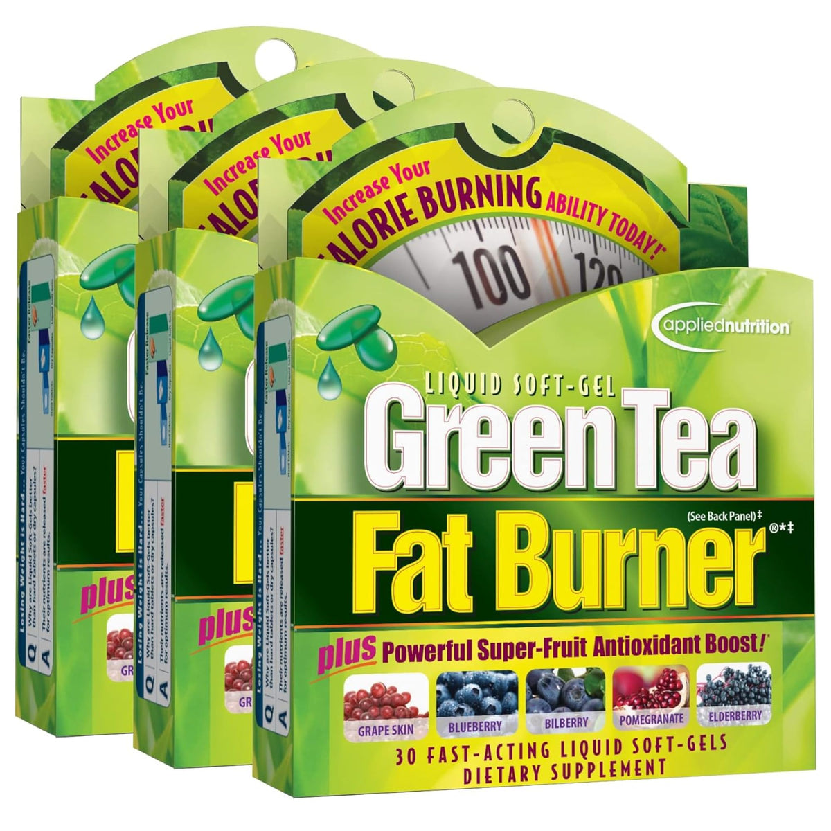 Applied Nutrition Green Tea Fat Burner bottle, compact capsules for on-the-go energy support.