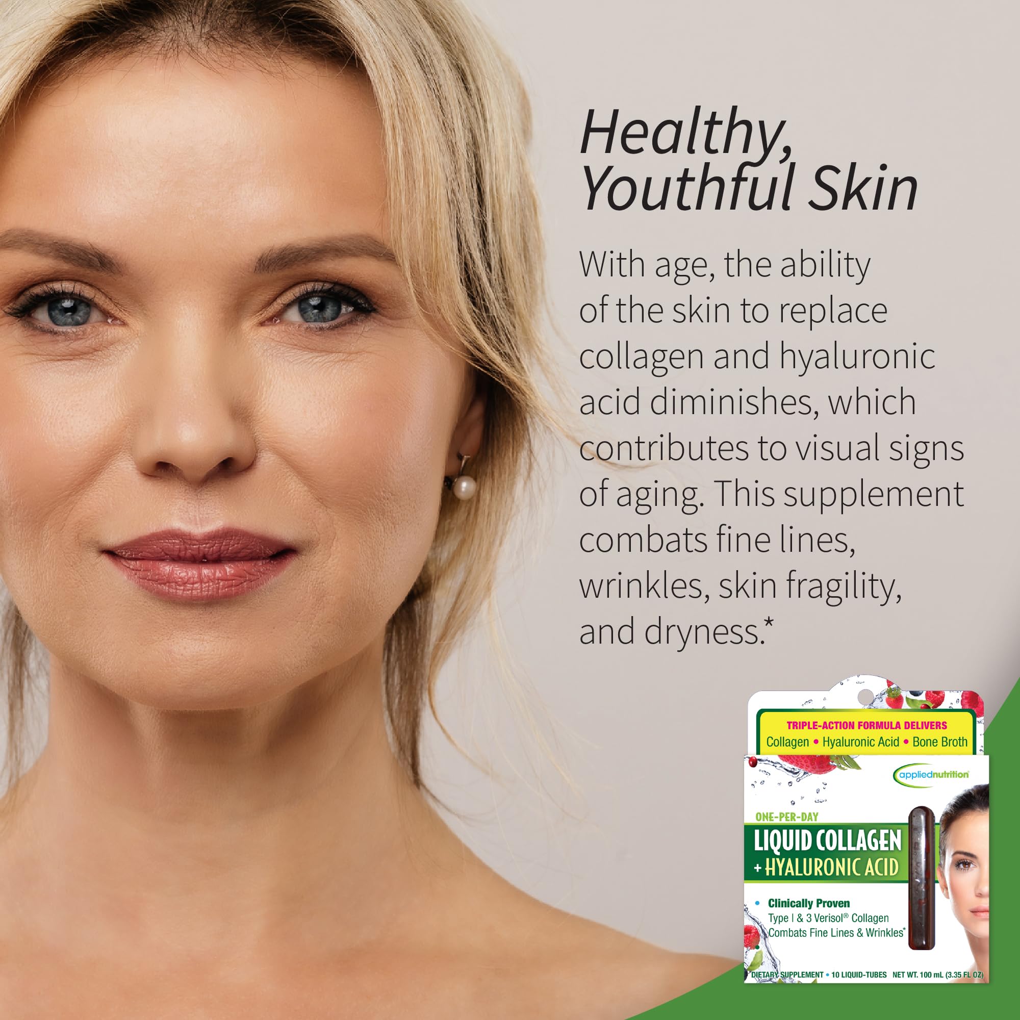Applied Nutrition label closeup shows Verisol collagen and bone broth ingredients for skin and nails.
