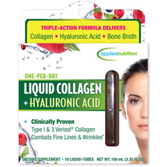 Applied Nutrition Liquid Collagen + Hyaluronic Acid bottle shows berry flavor supporting skin hydration.