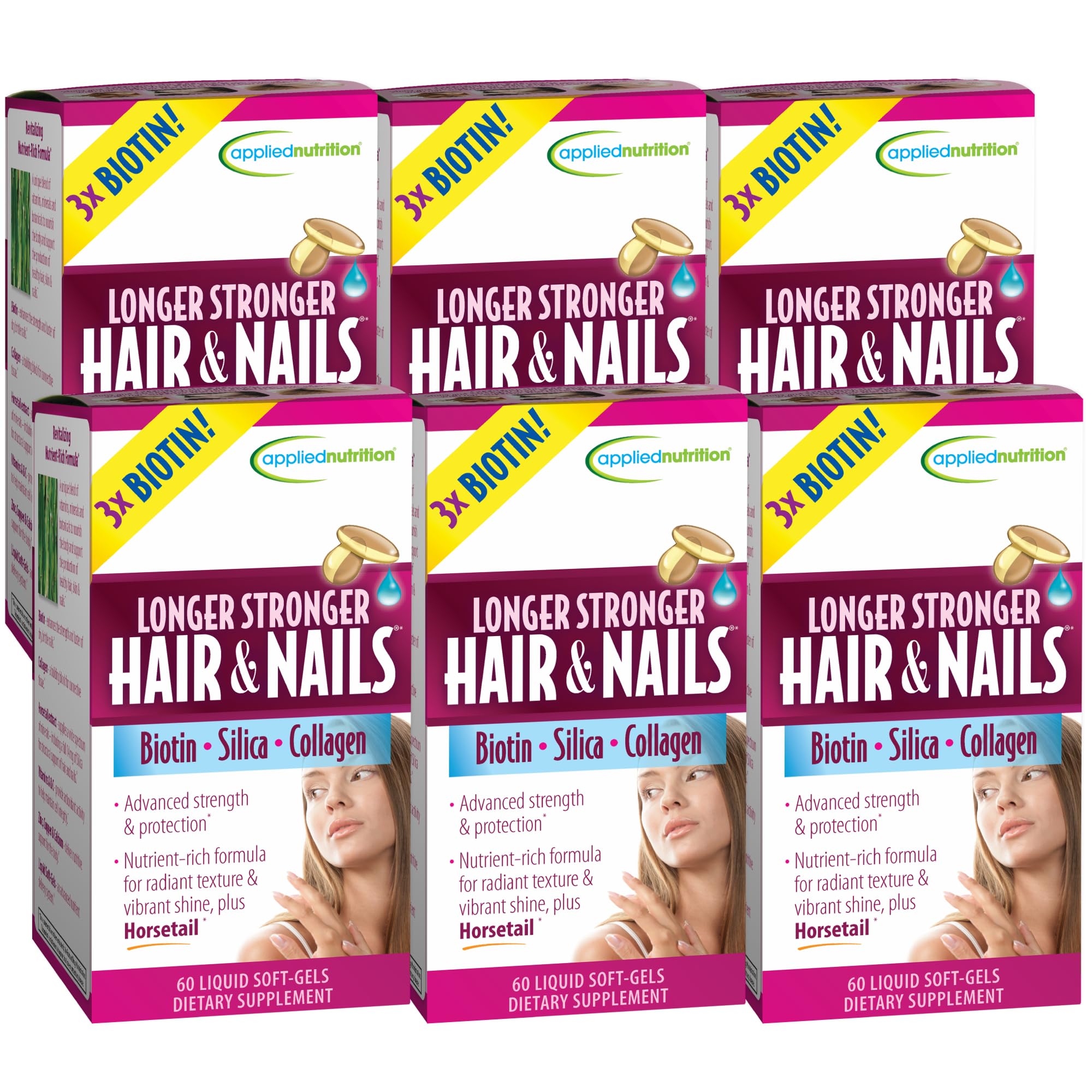 Applied Nutrition Longer Stronger bottle for daily hair and nails support.