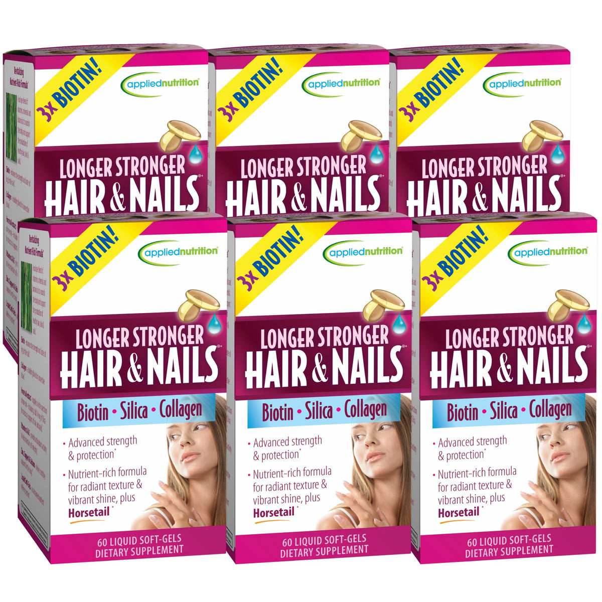 Applied Nutrition Longer Stronger bottle for daily hair and nails support.