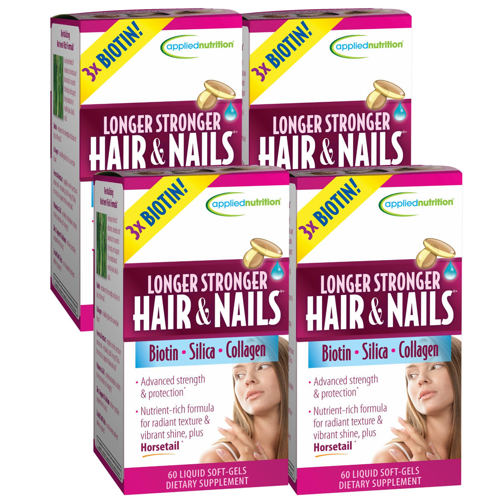 Applied Nutrition Longer Stronger Hair & Nails soft-gels bottle; potential hair support.