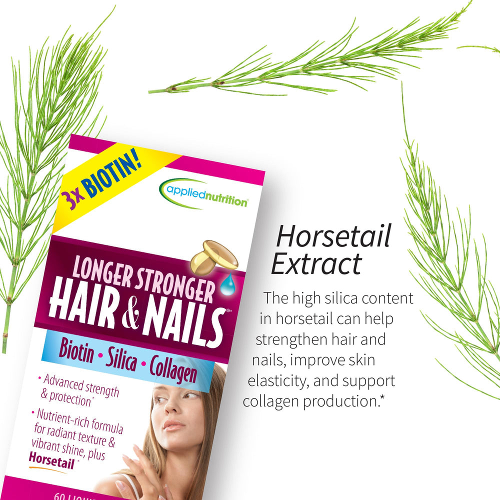Applied Nutrition Longer Stronger ingredients panel close-up highlighting silica biotin and collagen.