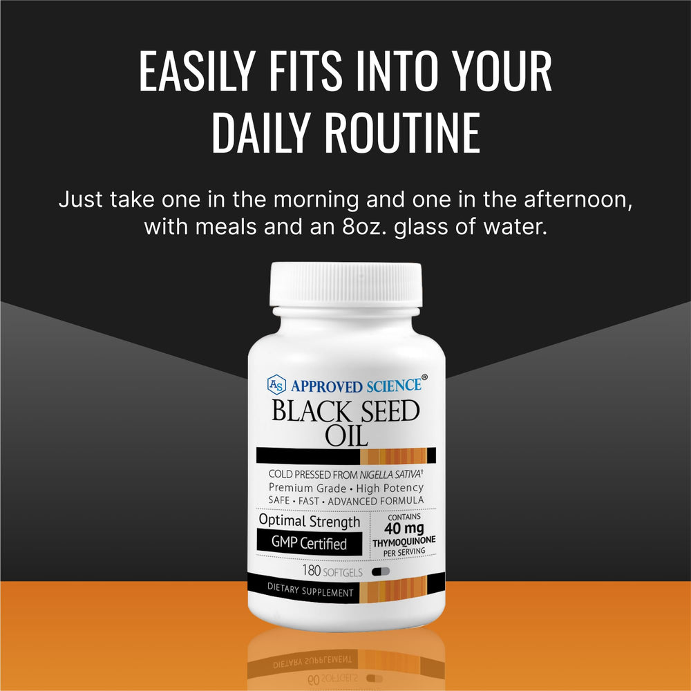 Approved Science Black Seed Oil nutrition label shows omega and vitamin content.