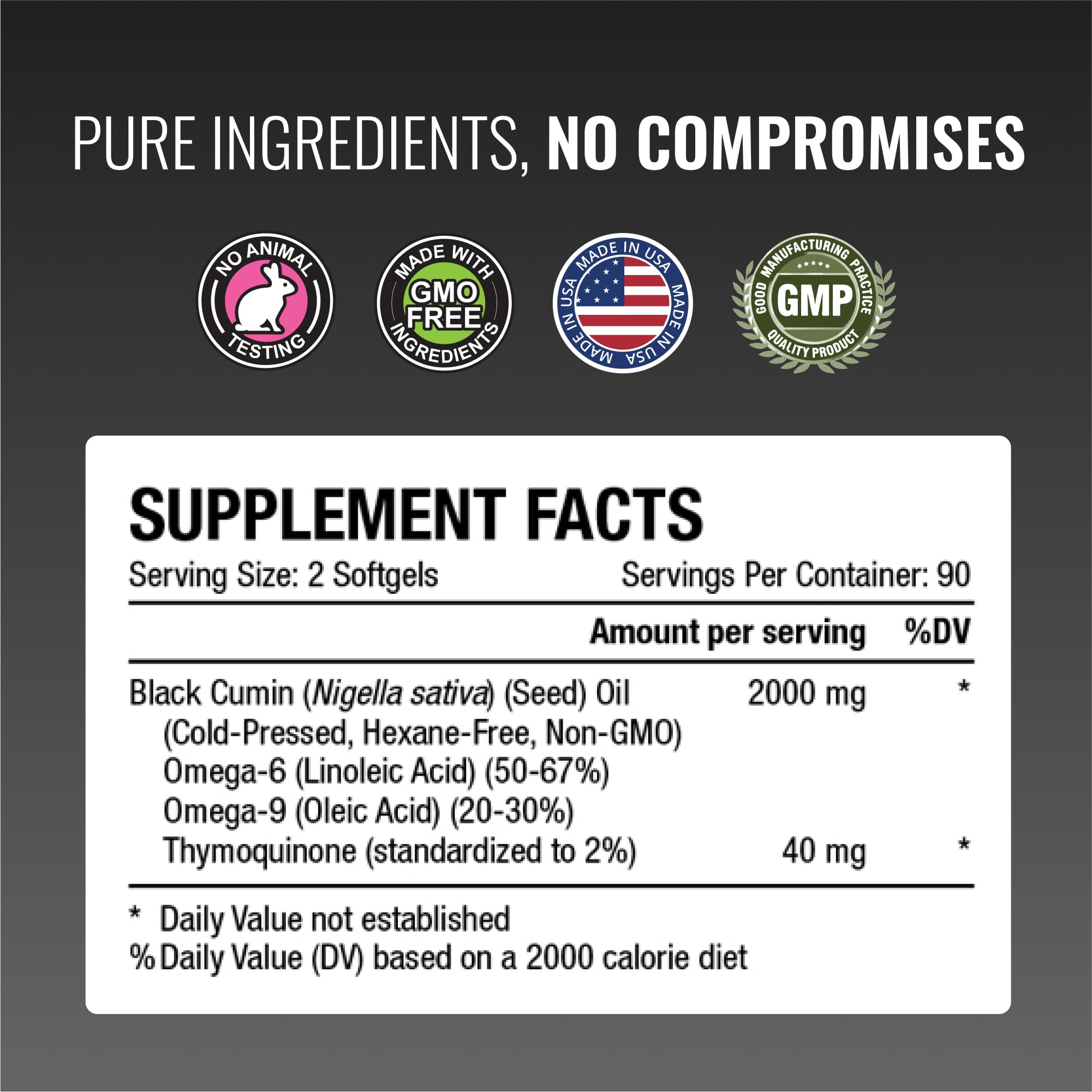Approved Science Black Seed Oil packaging communicates USA-made quality and 2 percent TQ.