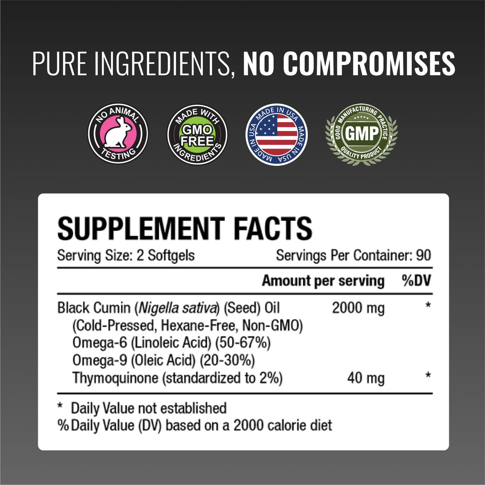 Approved Science Black Seed Oil packaging communicates USA-made quality and 2 percent TQ.
