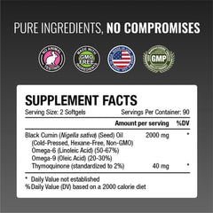 Approved Science Black Seed Oil packaging communicates USA-made quality and 2 percent TQ.