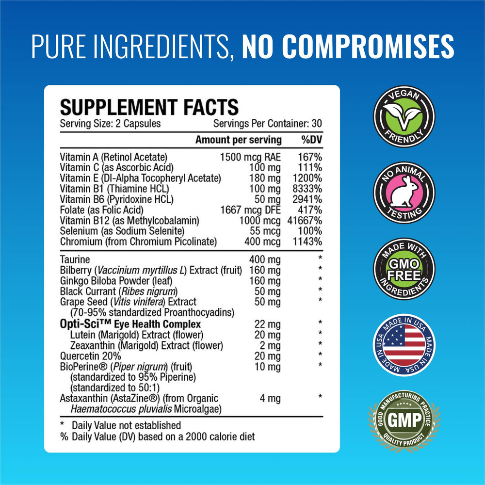 Approved Science EyeSyl ingredients closeup features astaxanthin lutein and Bioperine for absorption.